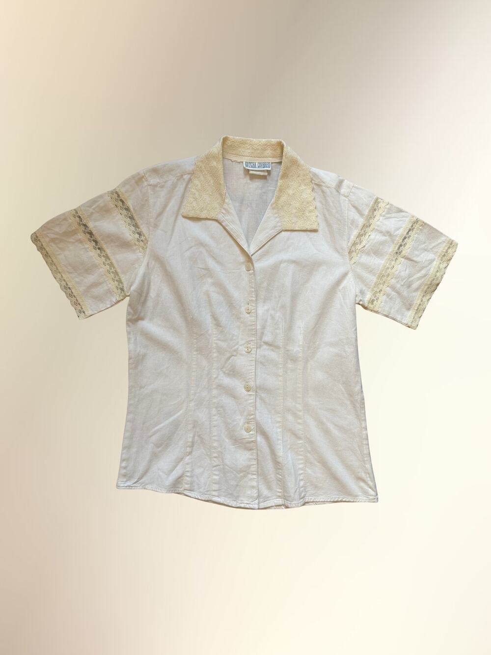 Vintage Gotcha Covered Cream Cotton Lace Collar Short Sleeve Button Down Blouse